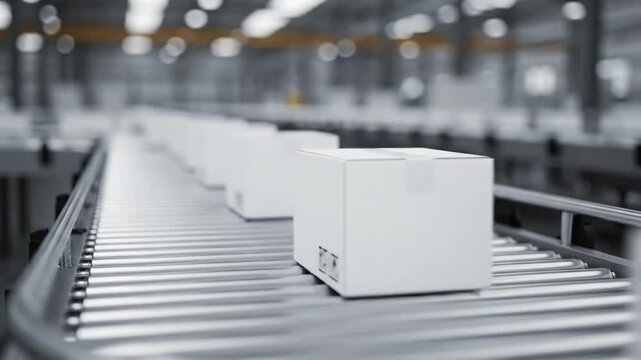 White cardboard boxes move rapidly and continuously along an automated roller conveyor system inside a large, modern logistics center, highlighting the efficiency of industrial automation and supply 