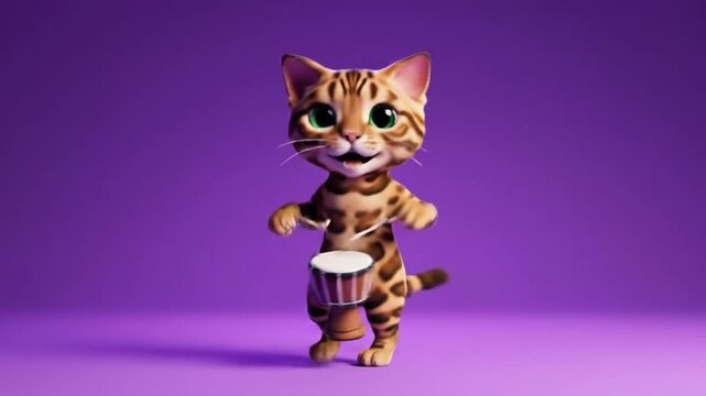 Adorable cartoon cat dancing on purple background with green eyes