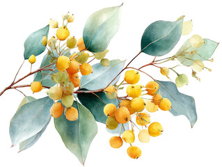 Delicate watercolor illustration of a branch featuring yellow berries and subtle green foliage