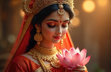 Obraz premium Young Indian woman in ornate gold jewelry and red sari holds pink lotus flower. She wears crown, has peaceful expression, eyes closed. Background has bokeh lights, suggests puja ceremony.