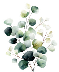 Watercolor illustration of eucalyptus branches with soft green and white leaves