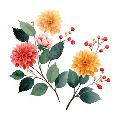 Floral watercolor arrangement with multiple blooms, leaves, and berries on a black background