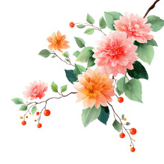 Watercolor illustration of floral arrangement with peach and coral-hued blossoms and bright berries