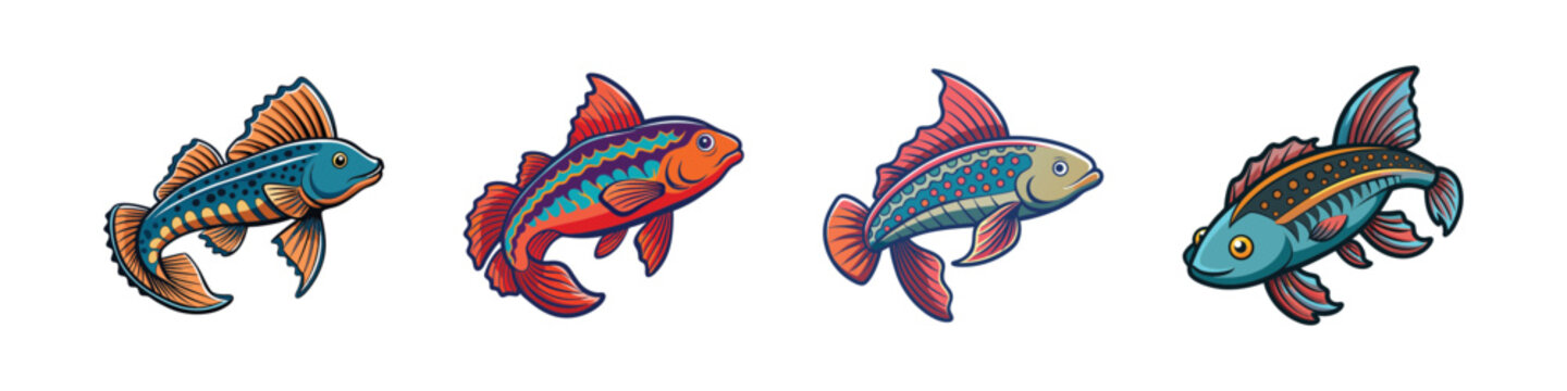Colorful Plecostomus Fish Set, Vibrant Flat Design Vector Illustration