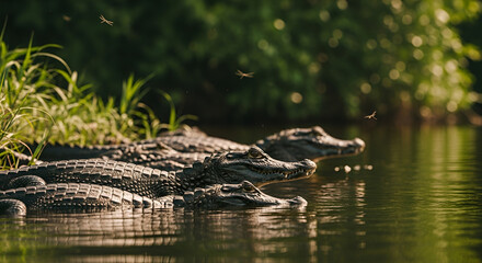Obraz premium Black caimans rest, partially submerged in humid jungle reeds, eyes reflecting lush green. Ideal for wildlife documentaries, adventure travel, educational materials, and environmental conservation,