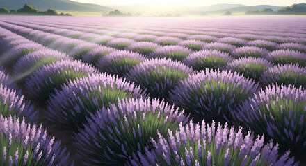 Naklejka premium Impressionistic pastel lavender meadow in euphoric sun-drenched mist, a serene crane-down scene perfect for wellness, aromatherapy, beauty brands, spring holidays, meditation,