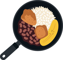 Traditional Latin American Bandeja Paisa with Rice, Beans, Plantain, and Meat in Skillet Vector Illustration © Collect Silhouettes