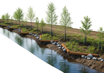 Serene waters flow through lush green landscape with tall pine trees transparent background