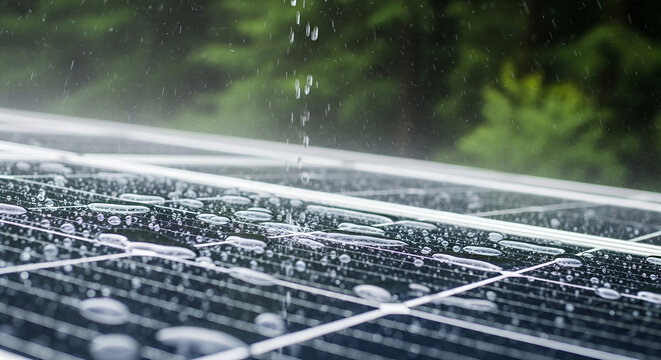 Raindrops bead on a solar panel in a lush rainforest, bathed in ethereal light and mist. A serene, refreshing scene with vibrant greens. Ideal for sustainability, clean energy, eco-tourism,