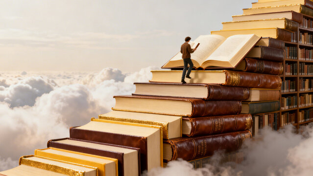 Person climbing staircase made of stacked open books