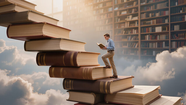 Person climbing staircase made of stacked open books