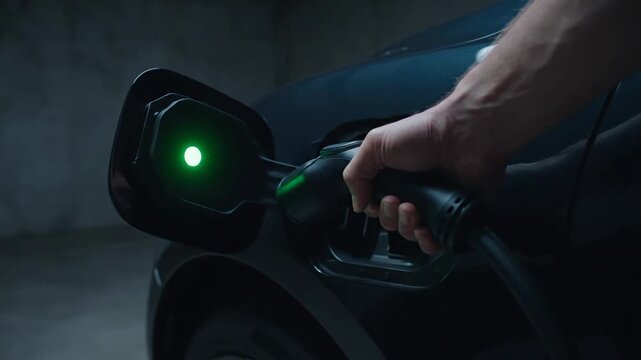 A muscular arm plugs a charging cable into an electric vehicle in a dark garage. The charging port immediately lights up green, indicating that power flow has begun during this 8-second sequence.