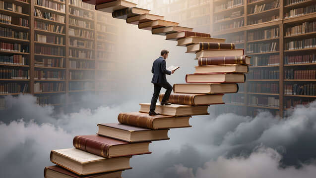 Person climbing staircase made of stacked open books