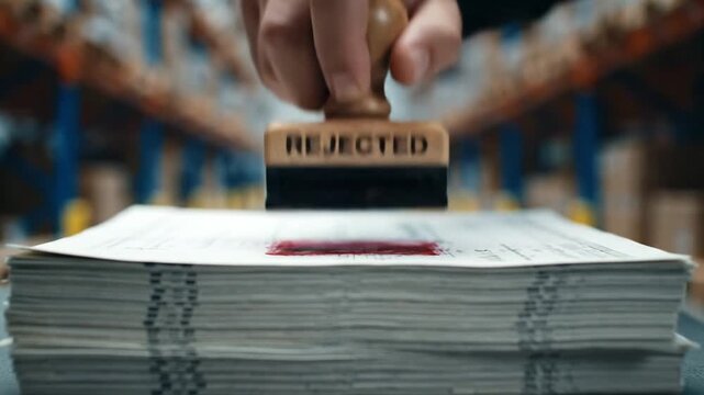 A hand repeatedly stamps a large pile of documents with a "REJECTED" stamp, leaving red marks. This scene, set in a massive warehouse, emphasizes bureaucratic denial and high-volume processing.