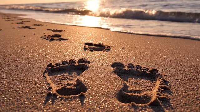 Footprints on Sandy Beach at Sunset