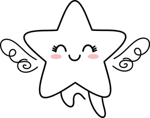 Fototapeta premium Cute cartoon star with wings, happy face, simple outline drawing for kids and children design