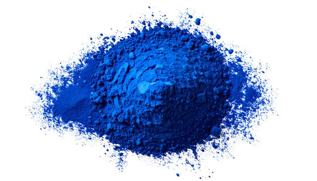 Isolated, vivid blue powder pile with texture, against a stark black background