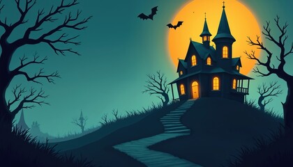 Plakat Spooky mansion on hill under large orange moon with bats flying near dark bare trees. Pathway leads up to glowing windows of haunted house at twilight.