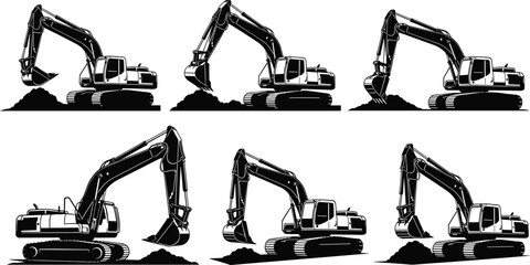 Excavator Silhouette Collection Vector Illustration Heavy Construction Equipment with Hydraulic Arm Bucket Black and White Machinery Set © MstMorshida