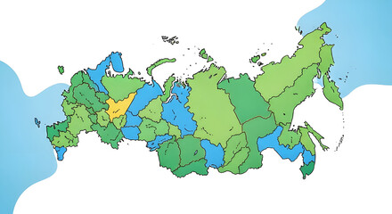 Obraz premium Colorful political map of russia divided into federal subjects and time zones, with a light blue sea border and white background