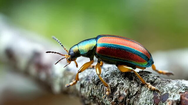 Beautiful close-up of a colorful beetle on a branch in nature.
