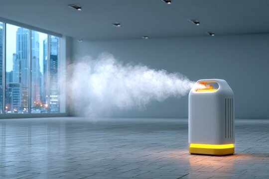 Modern air purifier releasing mist in a contemporary office with city view