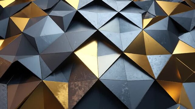 Abstract geometric background with a pattern of triangles in shades of gold, gray, and black.