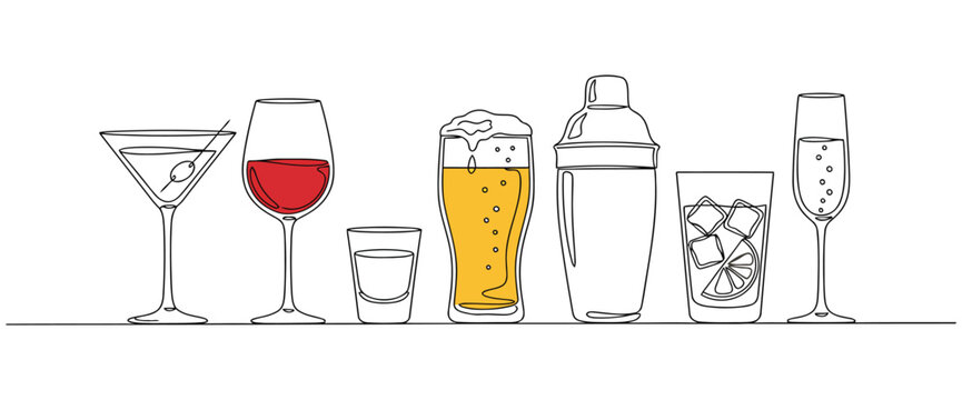 Continuous one line alcohol drinks. Alcoholic beverages glasses, from classic cocktails to craft beer, liquors and chill whiskey isolated vector set of alcohol drink