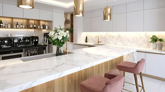 Modern luxury kitchen interior with marble island, stylish bar stools, and elegant design.