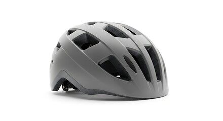 Fototapeta premium A modern grey cycling helmet with multiple ventilation holes sits angled on a clean white background, showcasing its protective design.