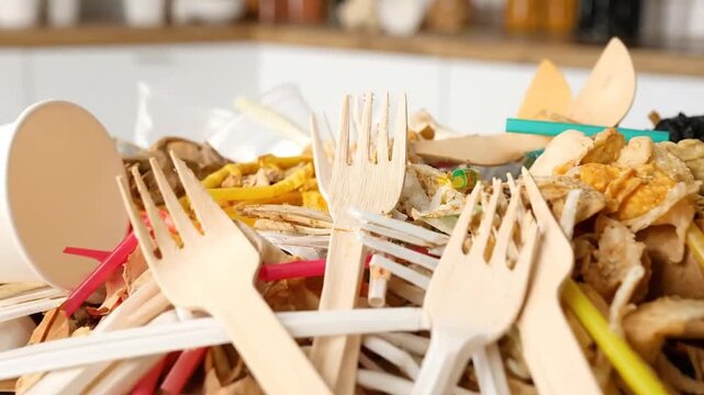Pile of various waste items on a white table in a kitchen setting, environmental concept.