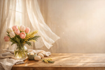 Sunlit Spring Bouquet on Wooden Table