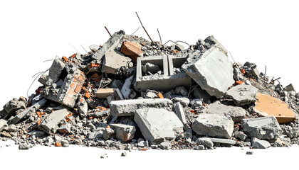 A heap of shattered concrete and brick rubble against a transparent background