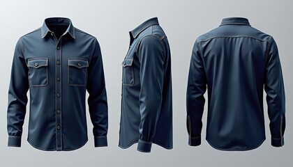 Dark blue work shirt front side back views. Durable garment features button closure dual chest pockets reinforced stitching. Professional apparel mockup.