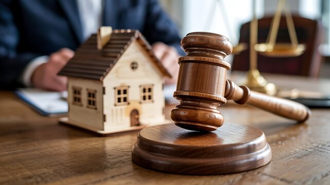 Gavel on sounding block with house model nearby suggesting real estate law, justice, or property dispute resolution in lawyer's office