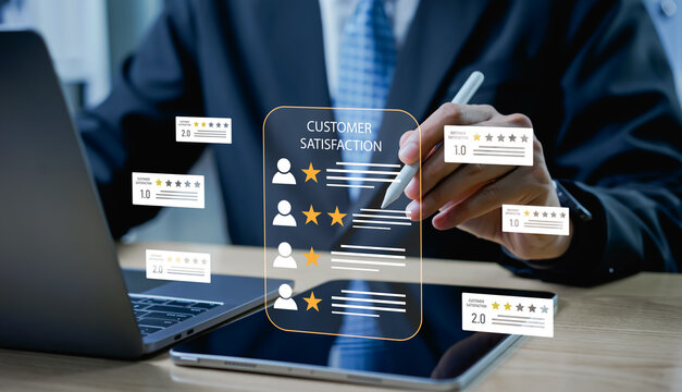 Businessman checking negative customer reviews and low ratings, analyzing dissatisfied users, service review surveys, online reputation management, and business improvement strategy.