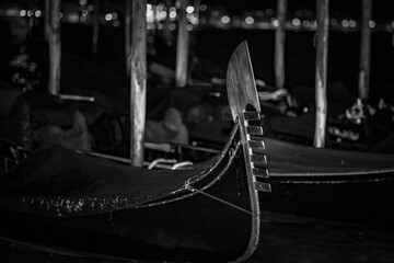 Moored Gondola in Venice at Night – Black and White © JAGDrone