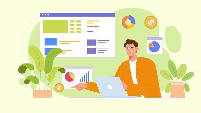 Man Presenting Data Analytics and Financial Dashboard Animation