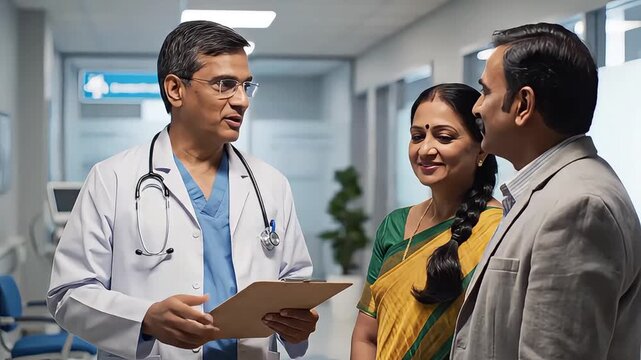 Doctor consulting couple in hospital corridor, healthcare footage from India, patient care and medical consultation