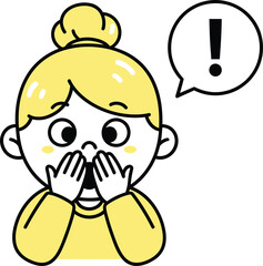 Woman with surprised expression, hands covering mouth, exclamation mark in speech bubble, shocked face, cartoon illustration