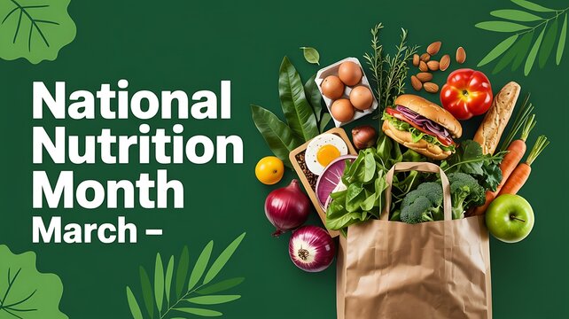 National nutrition month march celebration healthy food options and fresh ingredients shown on green background with leaves and vegetables in paper bag for healthy eating awareness