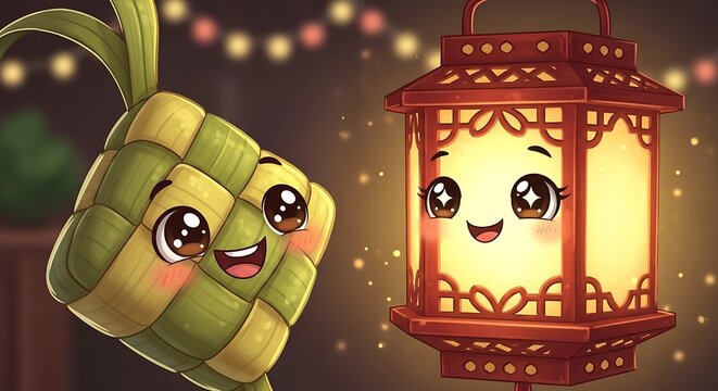 Ketupat and lantern with smiling faces.