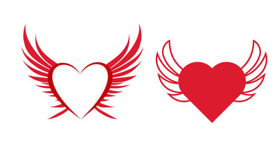 PNG image of Two distinct graphic representations of a beautiful red winged heart icon, one solid and one outlined design element on transparent background