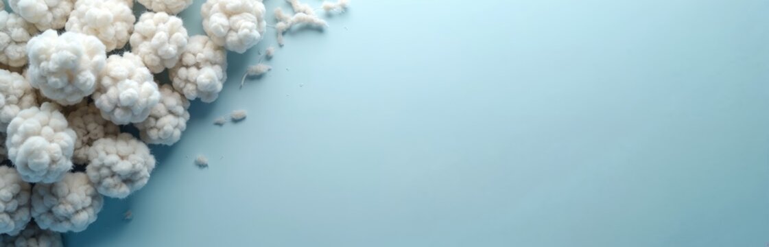 Soft white fluffy wool balls on light baby blue background. Minimalist texture detail, abstract soft textile pattern. Clean airy backdrop for design.