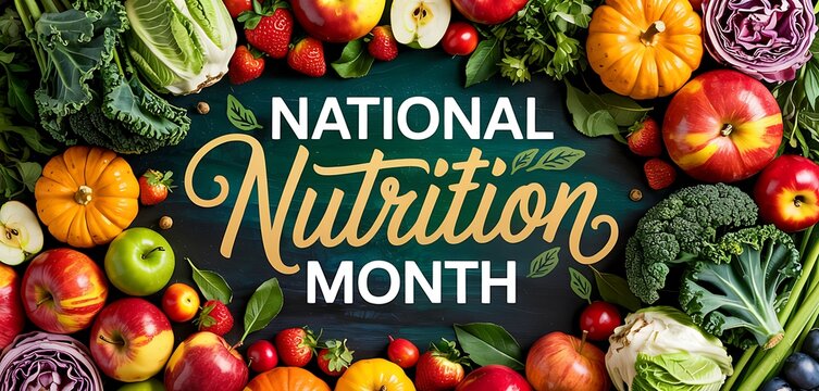 Healthy colorful variety of fresh fruits and vegetables arranged beautifully for national nutrition month celebration and promoting healthy eating lifestyle for all people