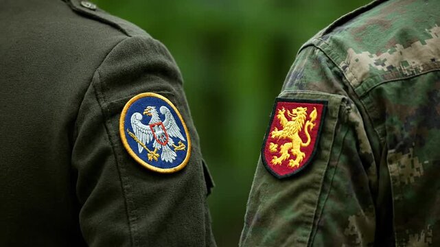 A close-up video sequence contrasts two military uniforms, one solid green and one camouflage, featuring heraldic patches D a double-headed eagle and a rampant golden lion D emphasizing military iden