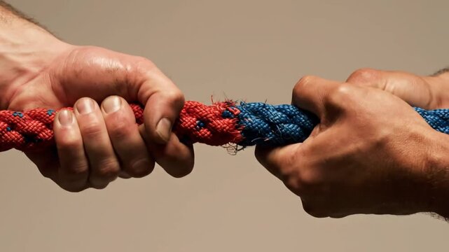The video captures a tense, eight-second struggle as two unseen opponents vigorously pull a frayed red and blue rope during a close-up game of tug-of-war, emphasizing continuous effort and strong phy