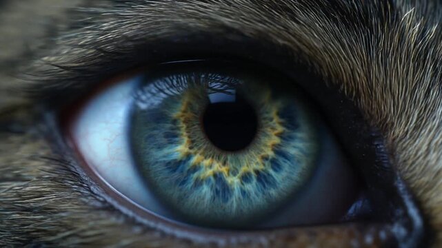 A detailed close-up of a captivating eye, with striking blue and gold irises, surrounded by fur