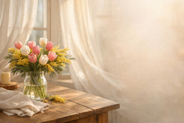 Sunlit tulip bouquet on wooden table