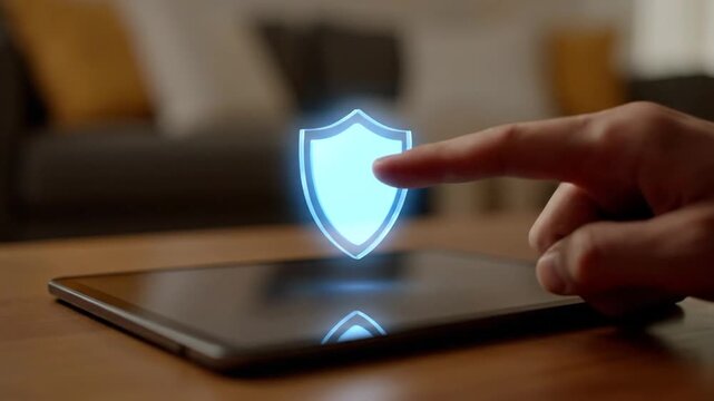 A hand taps a hovering digital shield icon projected above a tablet. The icon illuminates blue, symbolizing the activation of cybersecurity or data protection in a home setting.